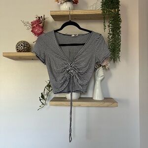 Live in the moment black and white striped lace up cinched crop top with tie